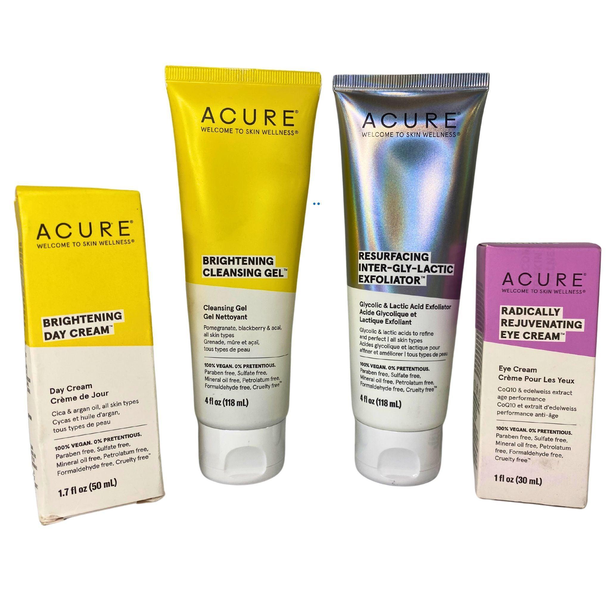 Acure Skincare Bundle - Brightening Day Cream, Eye Cream & Exfoliator (25-Piece Set) | Cruelty-Free, Vegan Skincare Routine for Glowing Skin | Perfect for Daily Use & Gift Sets