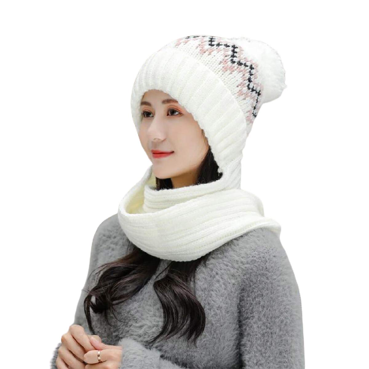 LKXHarleya 2-in-1 Women's Fashion Hooded Scarf & Knitted Beanie Set - Winter Warm Fleece Lined Scarf Hat Combo for Cold Weather, Outdoor Activities, Snow Sports, and Daily Wear