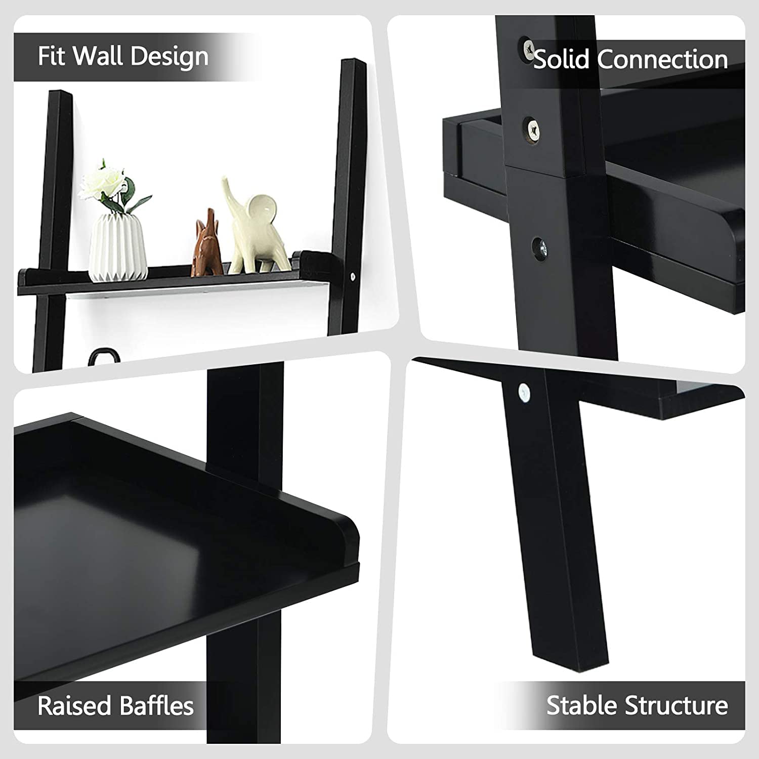 5-Tier Ladder Shelf - Rustic Wood Wall-Leaning Bookshelf & Storage Organizer for Living Room, Bathroom, Office - Perfect for Home Decor, Book Display & Space Saving (Black)