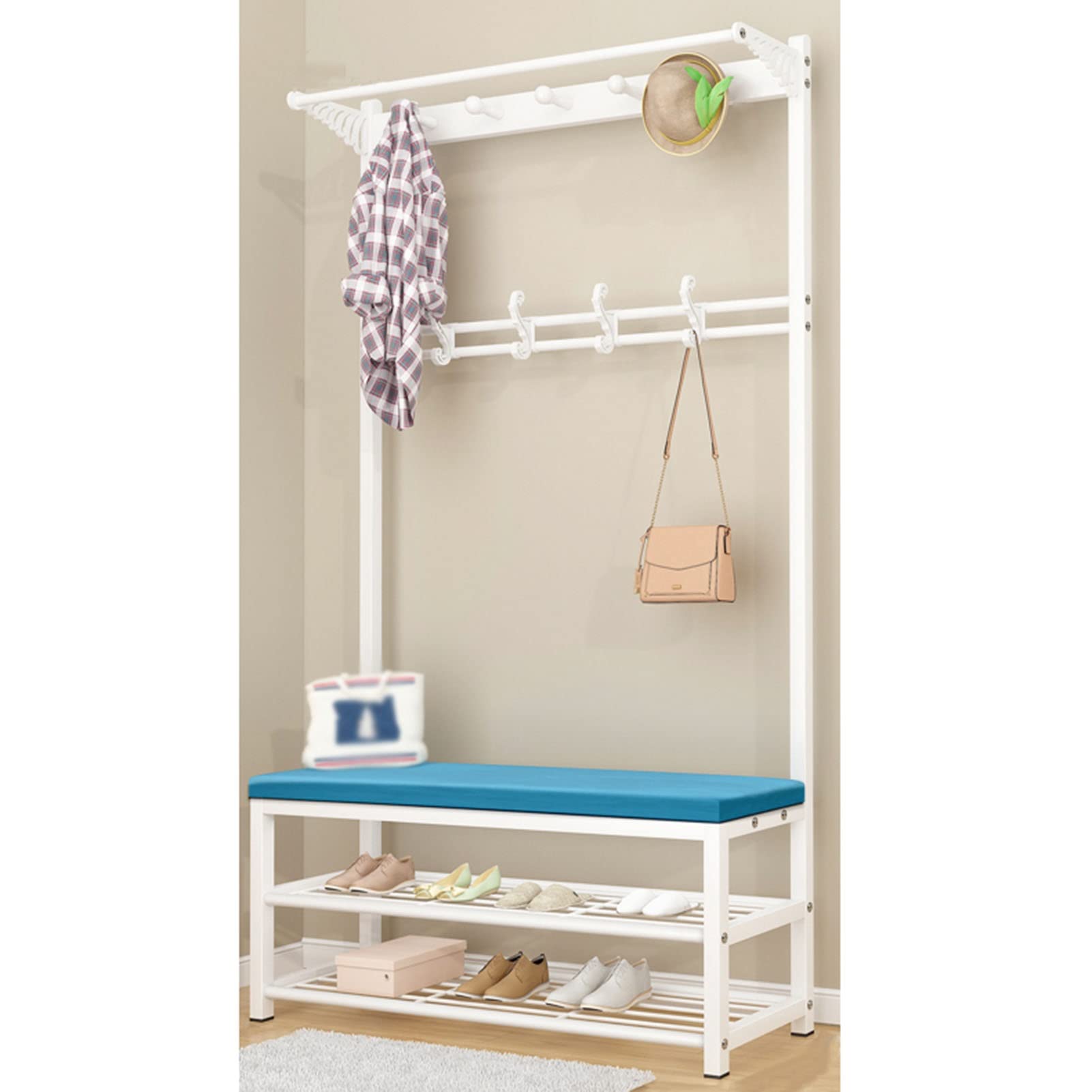 **AGGJ Coat Rack & Shoe Bench - 80CM Entryway Hall Tree with Soft Cushion, Storage Stool for Shoe Changing - Perfect for Entryway, Mudroom, or Bedroom Organization (Color: B)**