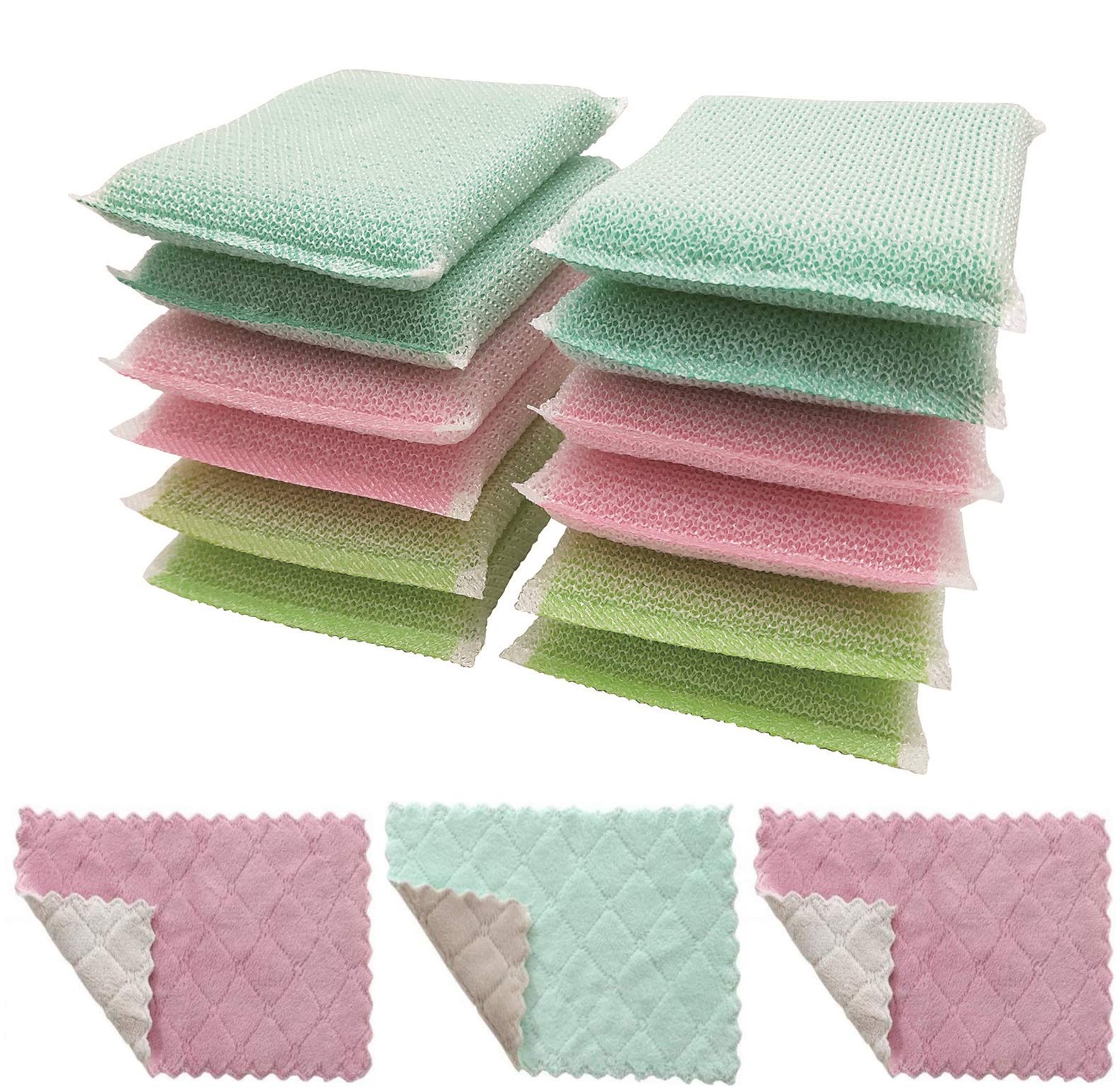12-Pack Kitchen Sponges & 3 Dish Towels - Reusable Cleaning Pads for Dishes, Kitchen & Bathroom