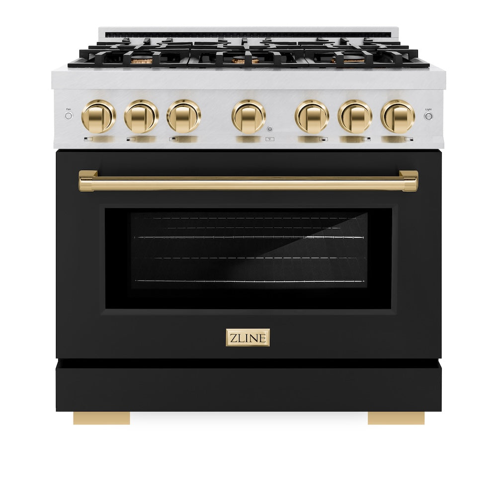 ZLINE Autograph Edition 36 Inch 5.2 Cu Ft Gas Range with 6 Burner Cooktop & Convection Oven - Satin Stainless Steel with Black Matte Door & Gold Accents (HGRSZ BLM 36 G) - Perfect for Modern Kitchens, Home Chefs & Professional Style Cooking