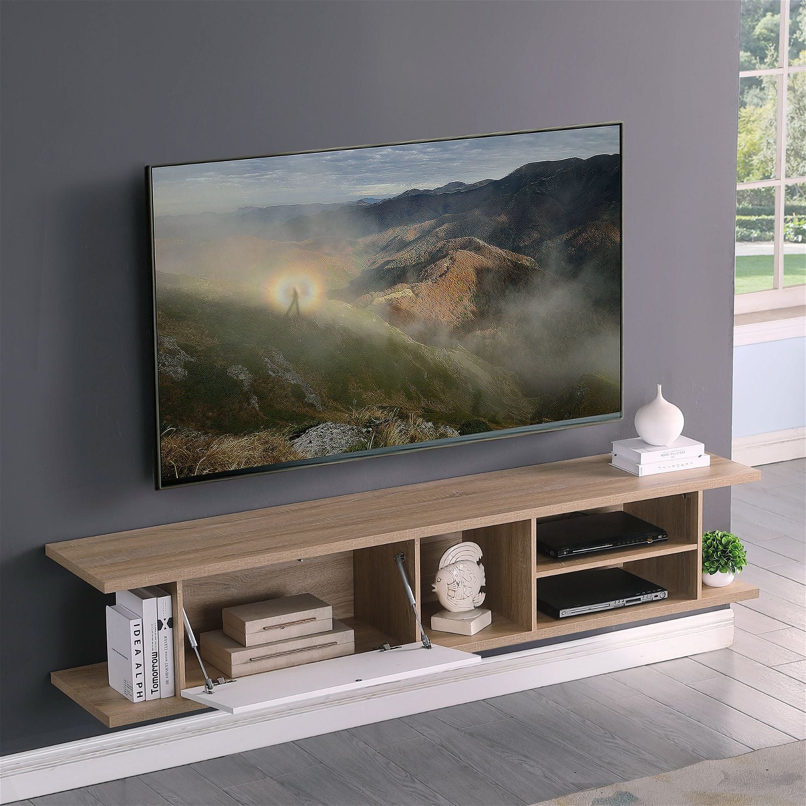 Auldrin 200cm Floating TV Stand with Wall Mount - Modern Oak Entertainment Center for Living Room - Perfect for Home Theater Setup & Space Saving Design