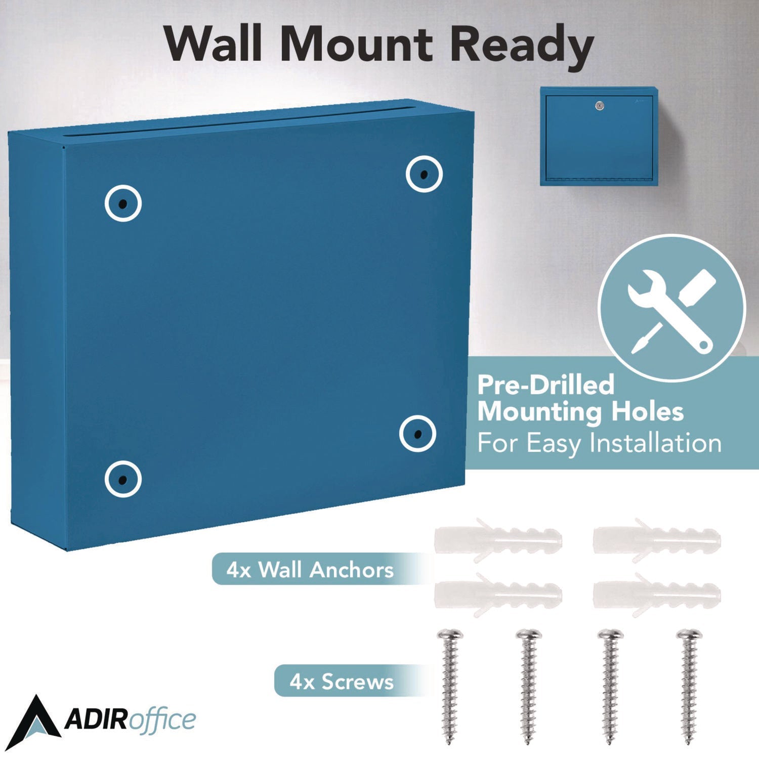 AdirOffice Large Steel Secure Drop Box - 12 x 3 x 10 Inches - Multi-Purpose Locking Mailbox for Office, Home & Business - Durable Blue Document Collection Box for Mail, Packages & Confidential Files
