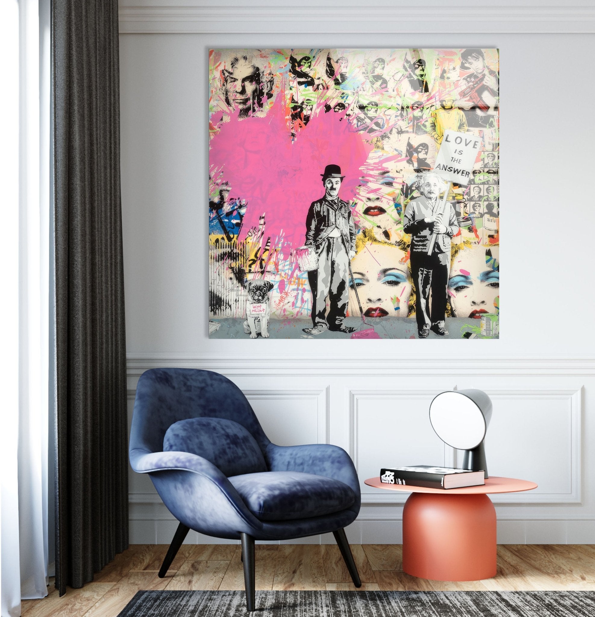 Banksy Charlie Chaplin Street Art Glass Wall Decor - Modern Urban Home & Office Artwork for Living Room, Bedroom, or Office