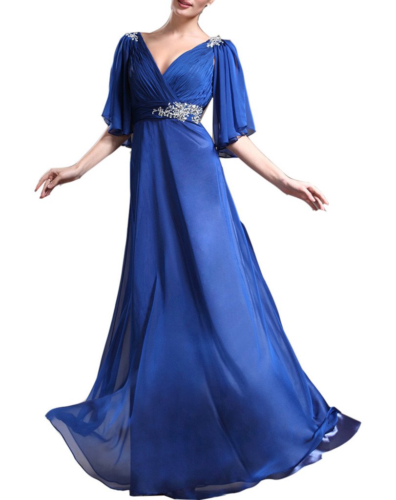 Emanni Women's Elegant V-Neck Chiffon Evening Dress with 3/4 Sleeves - Perfect for Mother's Day, Formal Events & Special Occasions - Size 18W in Navy Blue