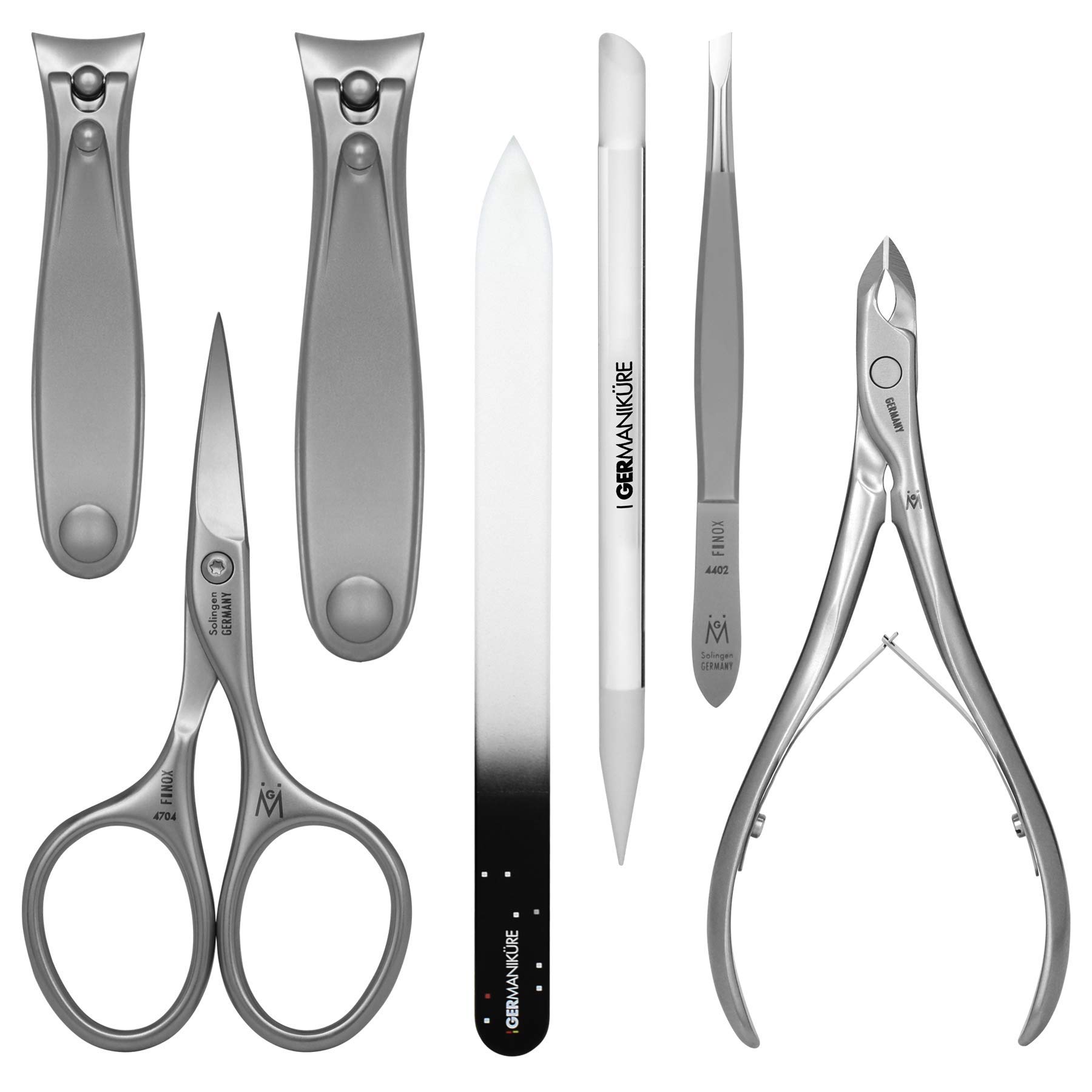 Premium GERMANIKURE 7-Piece Professional Manicure Set - Stainless Steel Nail Tools & Czech Glass Files in Black Leather Case - Cuticle Trimmer, Nail Clippers, Manicure Kit for Home & Salon Use