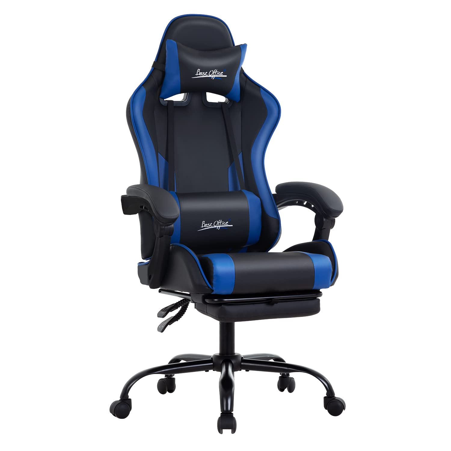 Ergonomic Gaming Chair with Adjustable Lumbar Support, Headrest & Footrest - Blue PC Gamer Chair for Office, Home & Esports - Comfortable Swivel Rolling Desk Chair for Long Gaming Sessions & Work from Home