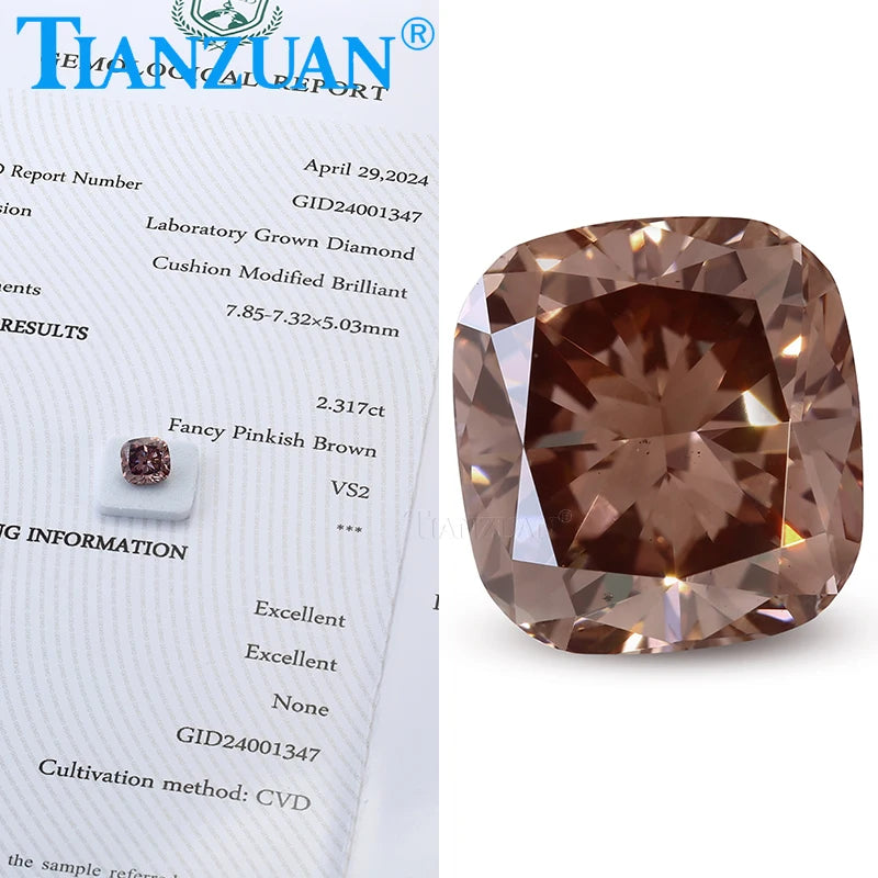 1CT Lab Grown Cushion Cut CVD Diamond - VS1 Clarity, 2EX Cut, Fancy Pinkish Brown Color, GEMID Certified Loose Gemstone for Engagement Rings & Jewelry Making