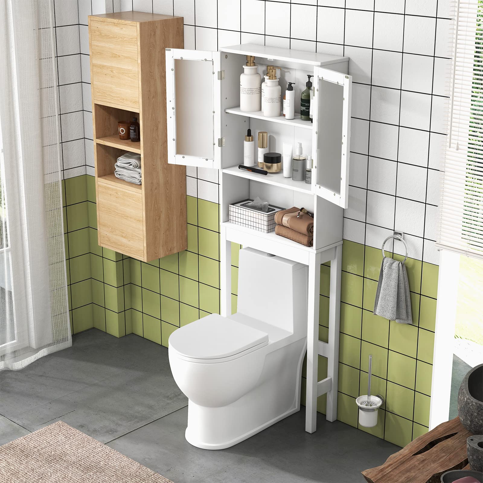 Over The Toilet Storage Cabinet - Bathroom Organizer with Frosted Glass Doors, Adjustable Shelves & Open Compartment - Freestanding Toilet Rack for Washroom, Laundry & Bath Essentials (67