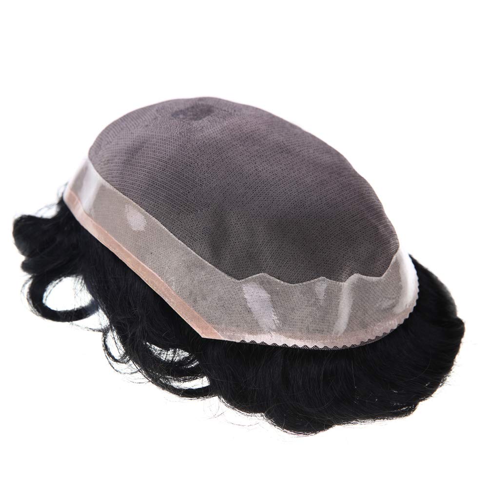 Premium Mono Men's Toupee - 100% Human Hair Wigs with Poly Coating | Jet Black (1#) | 7