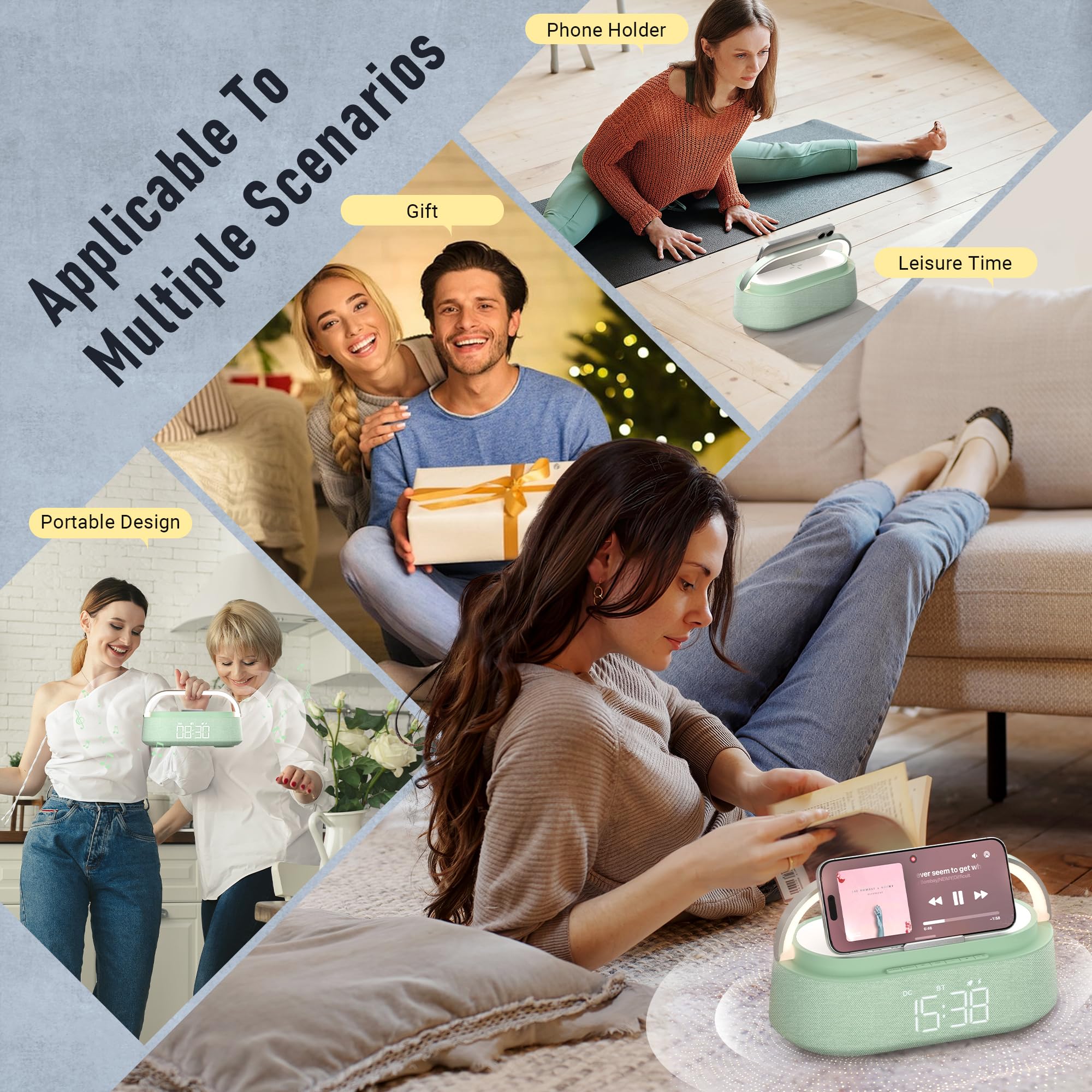 Portable Bluetooth Speaker with Fast Wireless Charger, FM Radio, Touch LED Night Light & Phone Holder - Perfect for Bedroom, Office, Home Use & Gift Giving | Enjoy Music, Charging & Ambient Lighting Anywhere