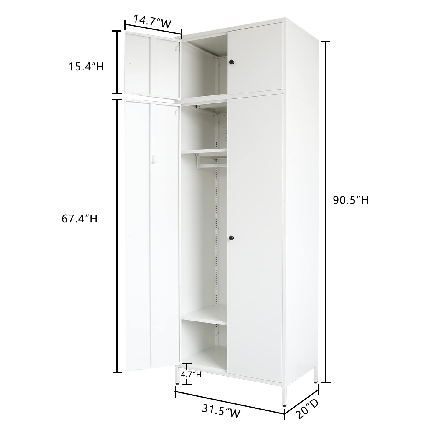 BESFUR Freestanding Wardrobe Closet - White Metal Armoire with Adjustable Hanging Rod & Storage Cabinet (20
