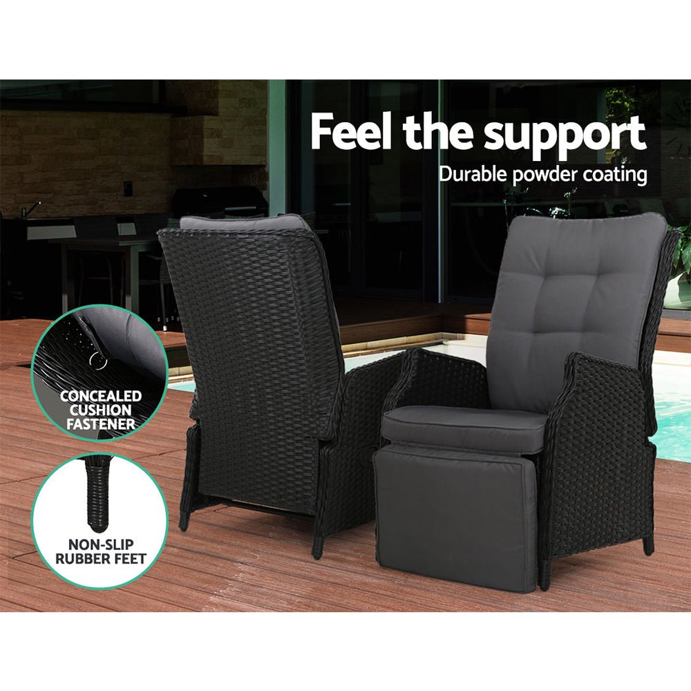 Elara Outdoor Recliner Patio Chairs with Side Table - Adjustable Lounge Chair for Backyard, Poolside & Garden Relaxation - Weather-Resistant Black Furniture Set