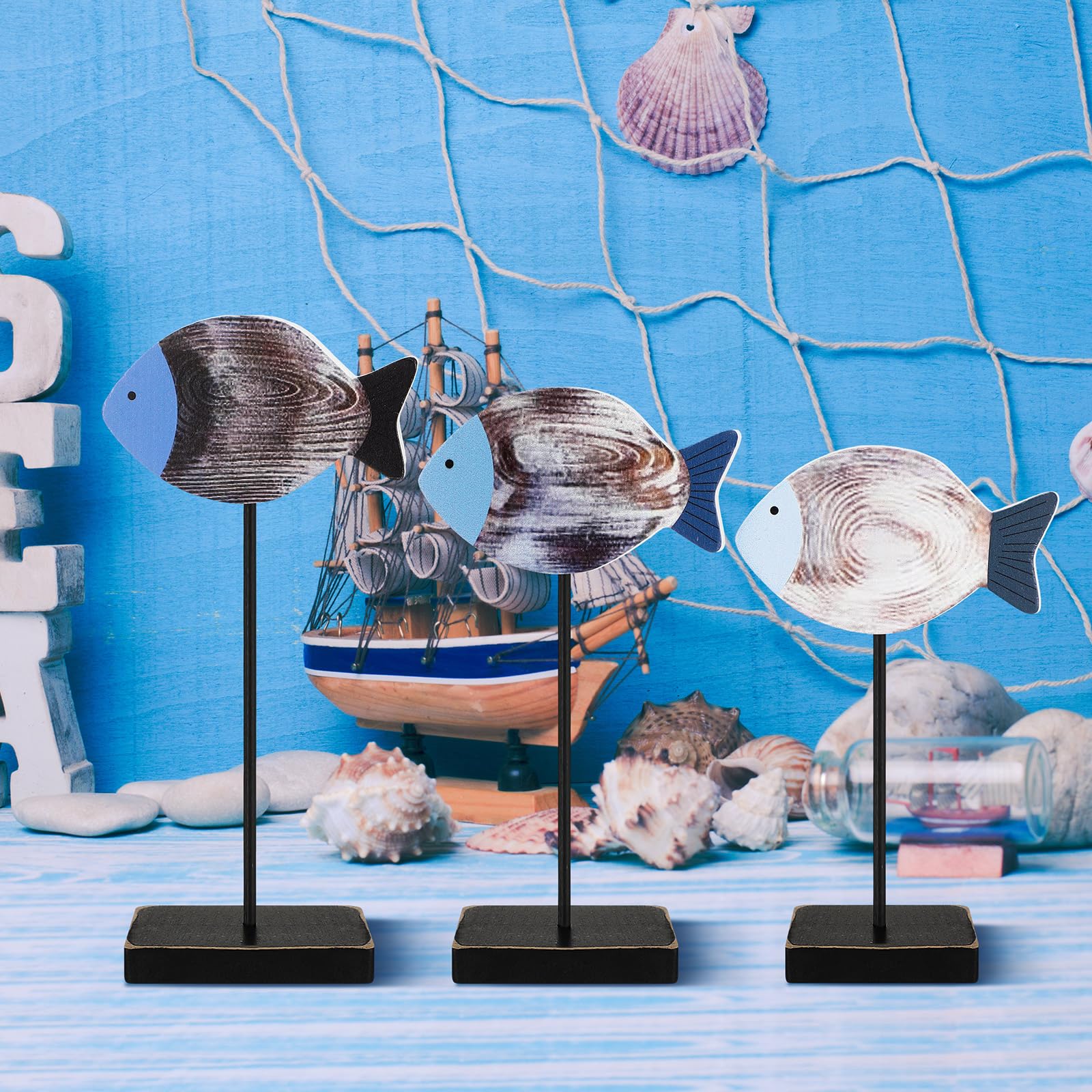 3 Pcs Wooden Sea Fish Table Decor - Coastal Beach House & Farmhouse Style Rustic Wood Fish Ornaments for Summer - Perfect for Home, Office, Bedroom, Shelf & Desk Decor - Great for Coastal Theme Parties & Vacation Home Styling