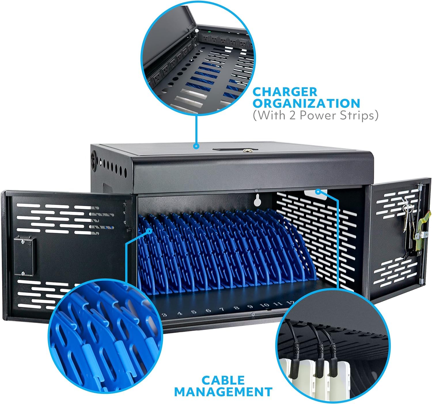 16-Port Locking Charging Cabinet for Laptops & Tablets - Secure Storage with Cable Management, Charger Organization & Ground Protection - Ideal for Classroom, Library, Office & School Tech Stations