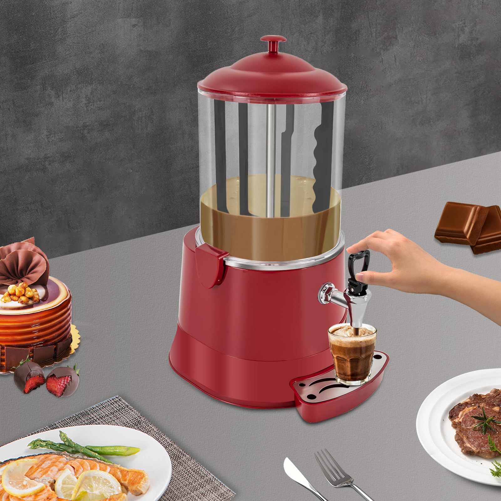 Commercial Hot Chocolate Machine 10L/2.64Gal 400W with Temperature Control (30-90℃/86-194℉) - Stainless Steel & PVC Beverage Warmer for Coffee, Milk Tea, Hot Chocolate - Perfect for Cafes, Restaurants & Events (40x32x57cm/15.7x12.6x22.4in, Red)