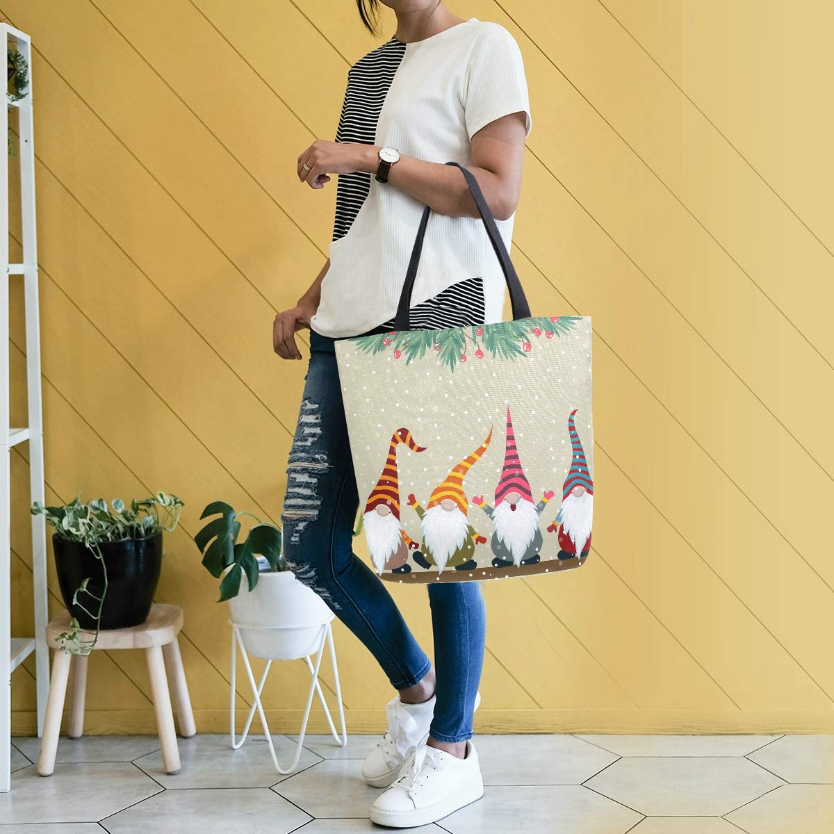 ALAZA Christmas Gnomes Winter Canvas Tote Bag for Women - Large Reusable Cotton Shoulder Bag for Travel, Work, Shopping & Groceries - Perfect Holiday Gift & Everyday Use