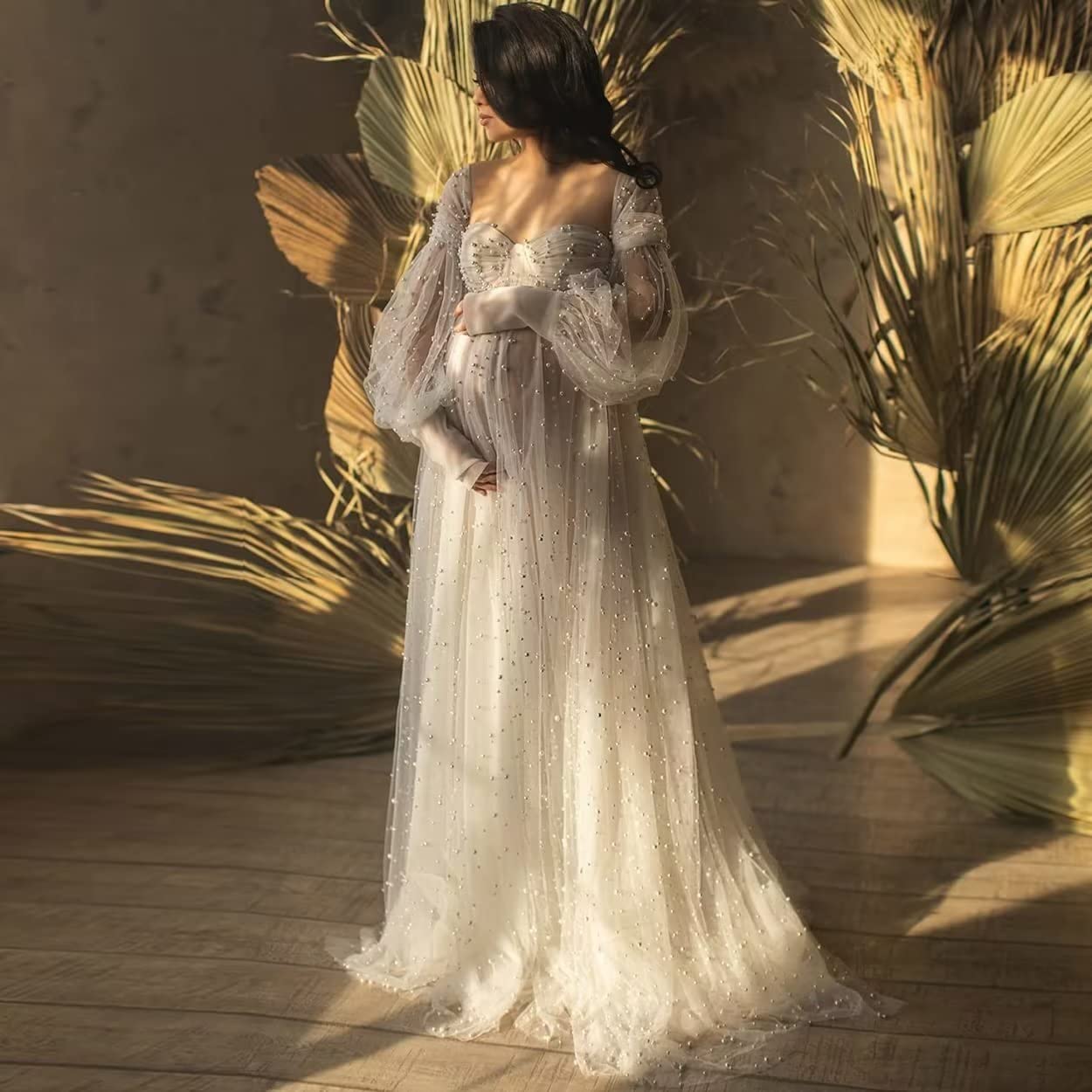 Elegant Pearl Embellished Tulle Maternity Dress with Long Puffy Sleeves - Perfect for Baby Showers, Pregnancy Photoshoots & Special Occasions | Flowy Maternity Gown for Stunning Maternity Pictures & Celebrations