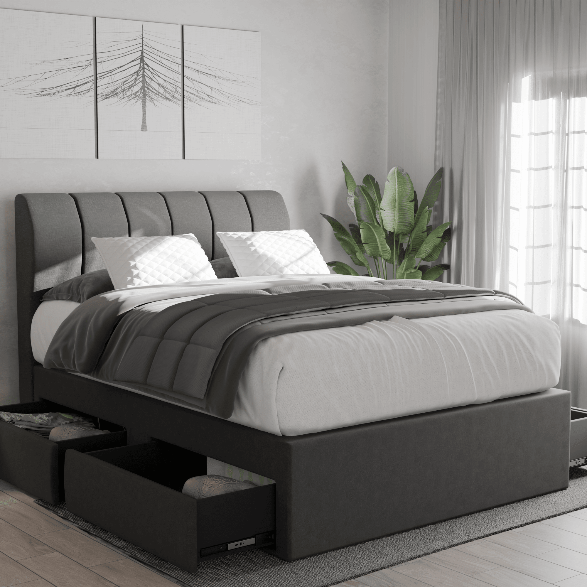 Kazura Fabric Drawer Bed Frame with Storage - Queen Size Platform Bed with 4 Drawers, Sturdy Metal Frame & Noise-Free Design - Perfect for Small Bedrooms, Apartments & Dorm Rooms