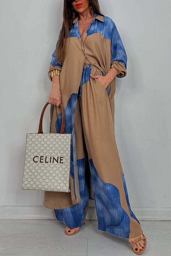 Stylish Printed Casual Loose Long Shirt & Elastic Waist Pocket Wide Leg Pants Set - Women's Comfortable Outfit for Work, Travel and Daily Wear