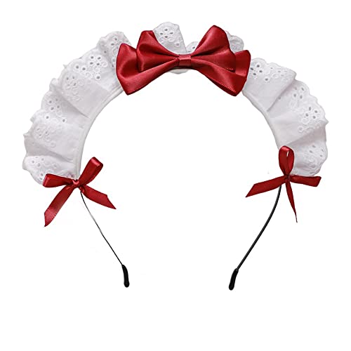 Lolita Maid Headband - Cute Lace Bow Hair Accessories for Women & Girls - Red Cosplay Headpiece for Costume Parties, Anime Conventions & Themed Events