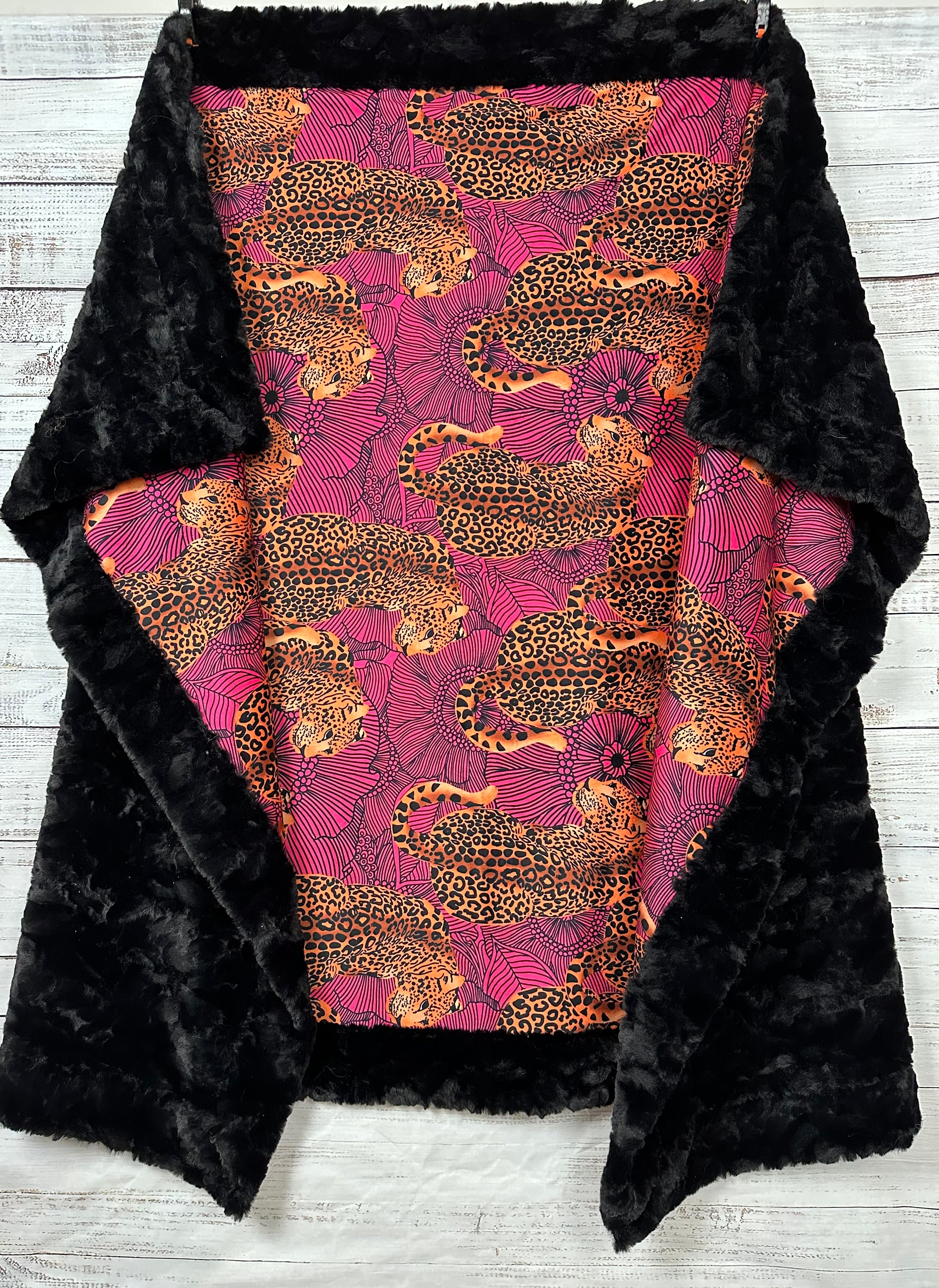 Leopard Print Hot Pink Kaleidoscope Pattern Black Tuscany Large Throw Blanket 55x79 Inches - Soft Cozy Blanket for Bed, Sofa, Outdoor Picnics & Home Decor