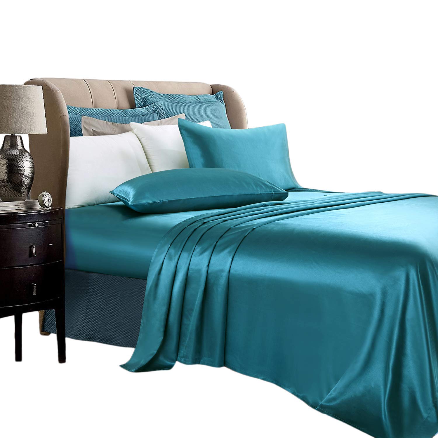 Luxury 100% Satin King Size Bed Sheets Set - 4 Piece Ultra Soft & Silky Bedding with 16