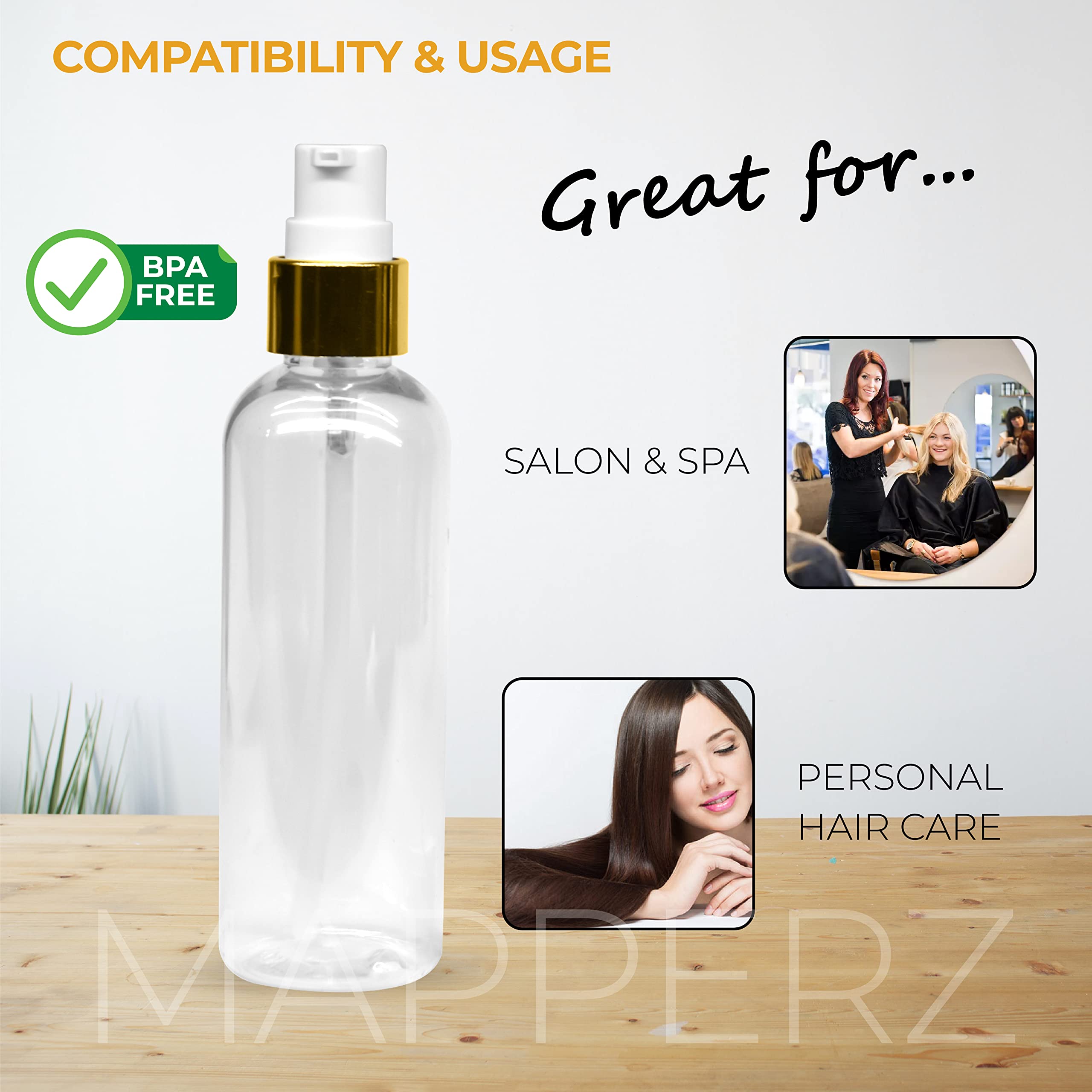 MAPPERZ 2-Pack Refillable Cylindrical Bottles Set - Includes 1 Pump Dispenser, 1 Spray Atomizer, 1 Root Comb Applicator & Flip Top Cap - Perfect for Perfume, Liquids, Shampoo, Body Wash - Travel & Home Use