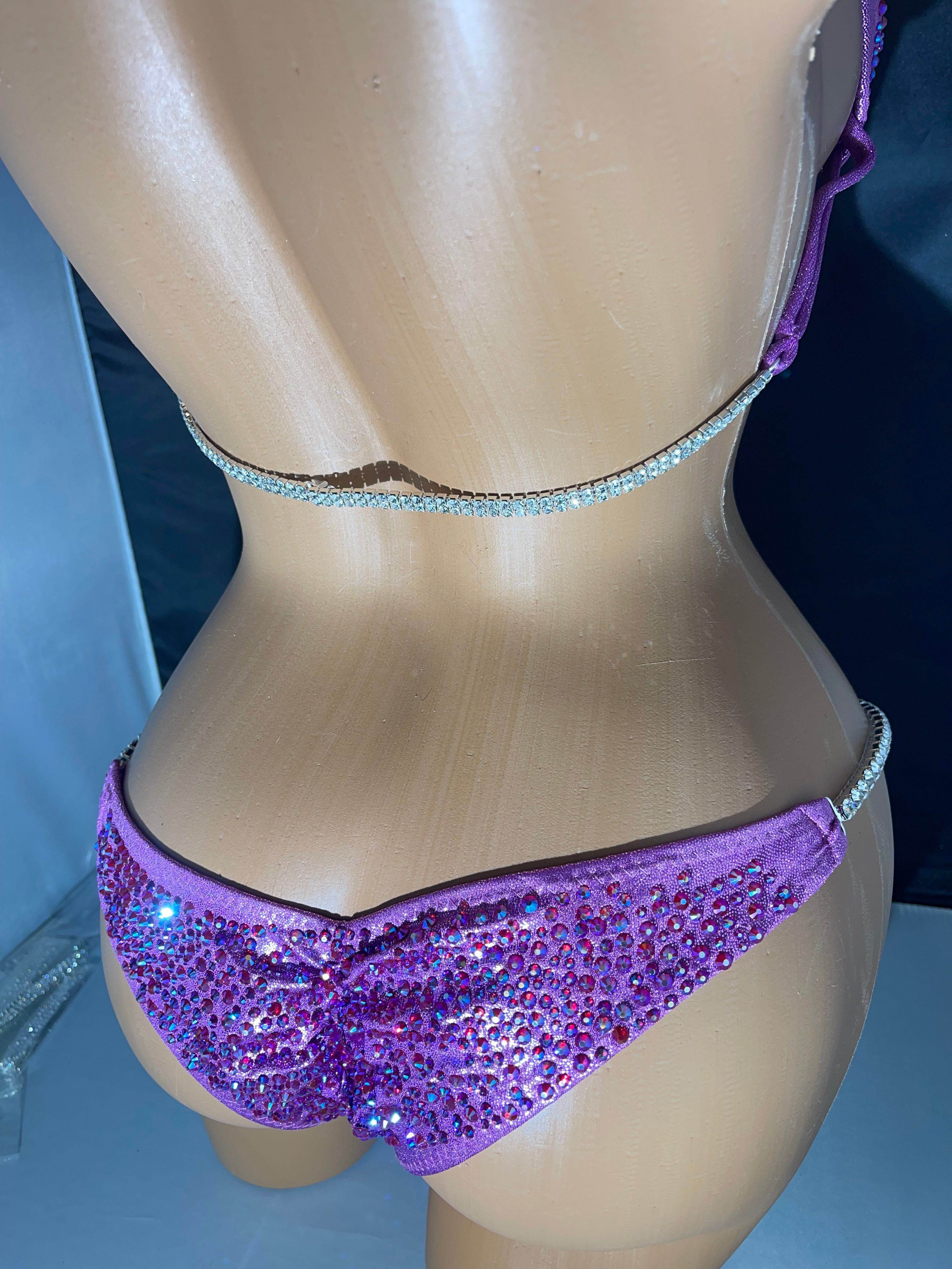 Lavender Lilac Purple Bikini Competition Swimsuit with Stunning Crystal Rhinestone Back - Perfect for Beach, Pool, and Pageant Events