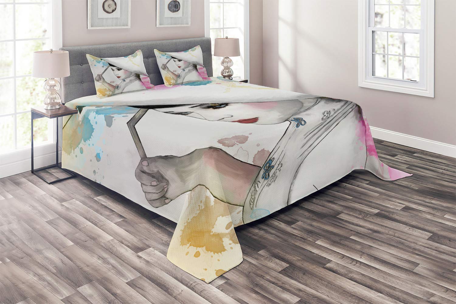 Ambesonne Asian-Inspired 3-Piece Quilted Bedspread Set - King Size Coverlet with 2 Pillow Shams, Watercolor Oriental Umbrella & Girl Design, Multicolor Decorative Bedding | Perfect for Boho Chic, Asian-Themed Bedrooms & Guest Room Decor