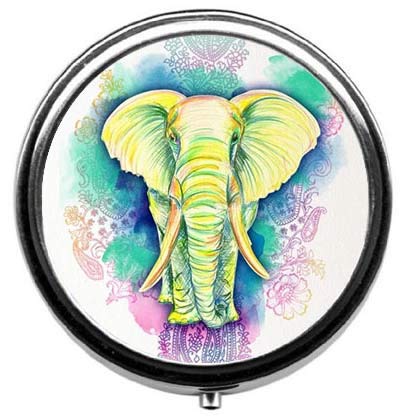 Watercolor Elephant Round Pill Box - 3 Compartment Travel Pill Organizer for Daily Medication & Supplements - Perfect for Home, Office & Travel Use
