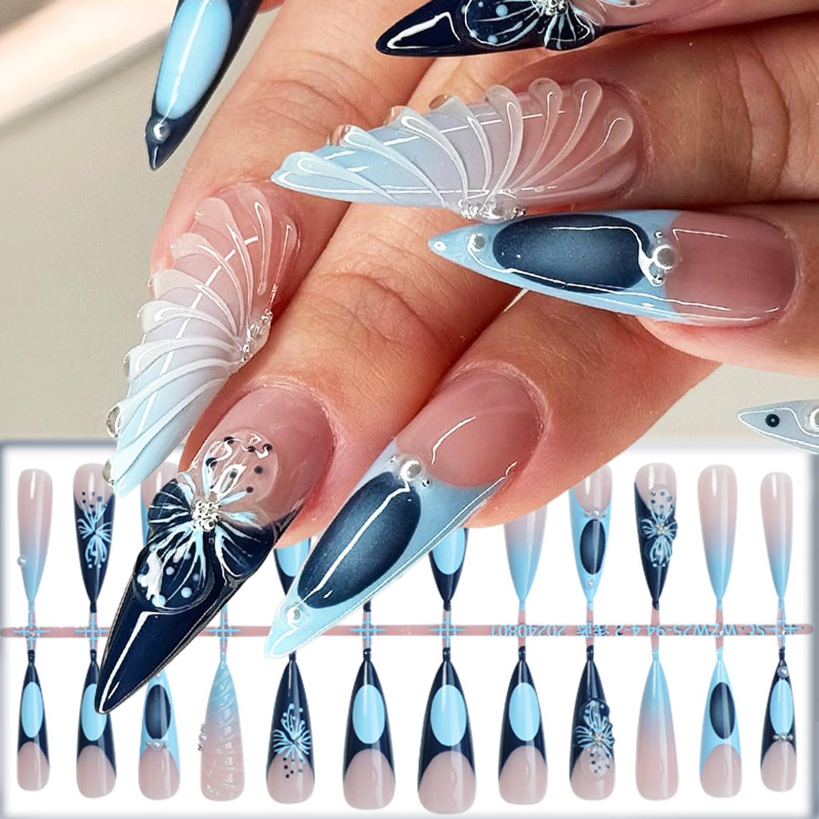 Blue French Tip Press on Nails - 24PCS 3D Floral Acrylic Fake Nails with Glossy Gradient & Pearl Accents | Long Stiletto Shape, Curve Line Design | Easy Glue-On False Nails for Women & Girls | Perfect for Parties, Weddings, and Special Occasions