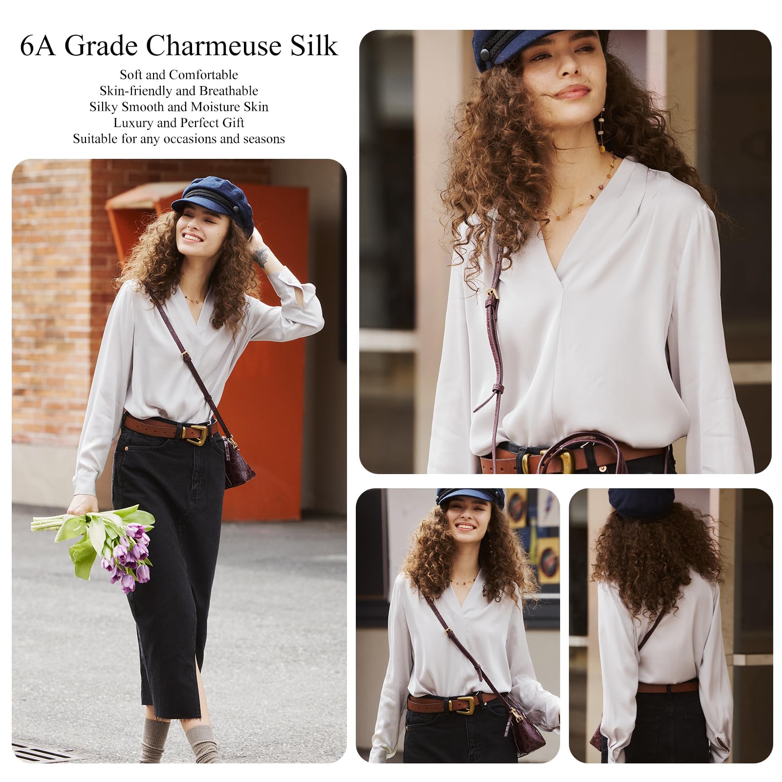 COLD POSH Women's Mulberry Silk Blouse - Elegant Long Sleeve V-Neck Button Down Shirt for Fall & Summer | Luxury Office Wear & Evening Outfits
