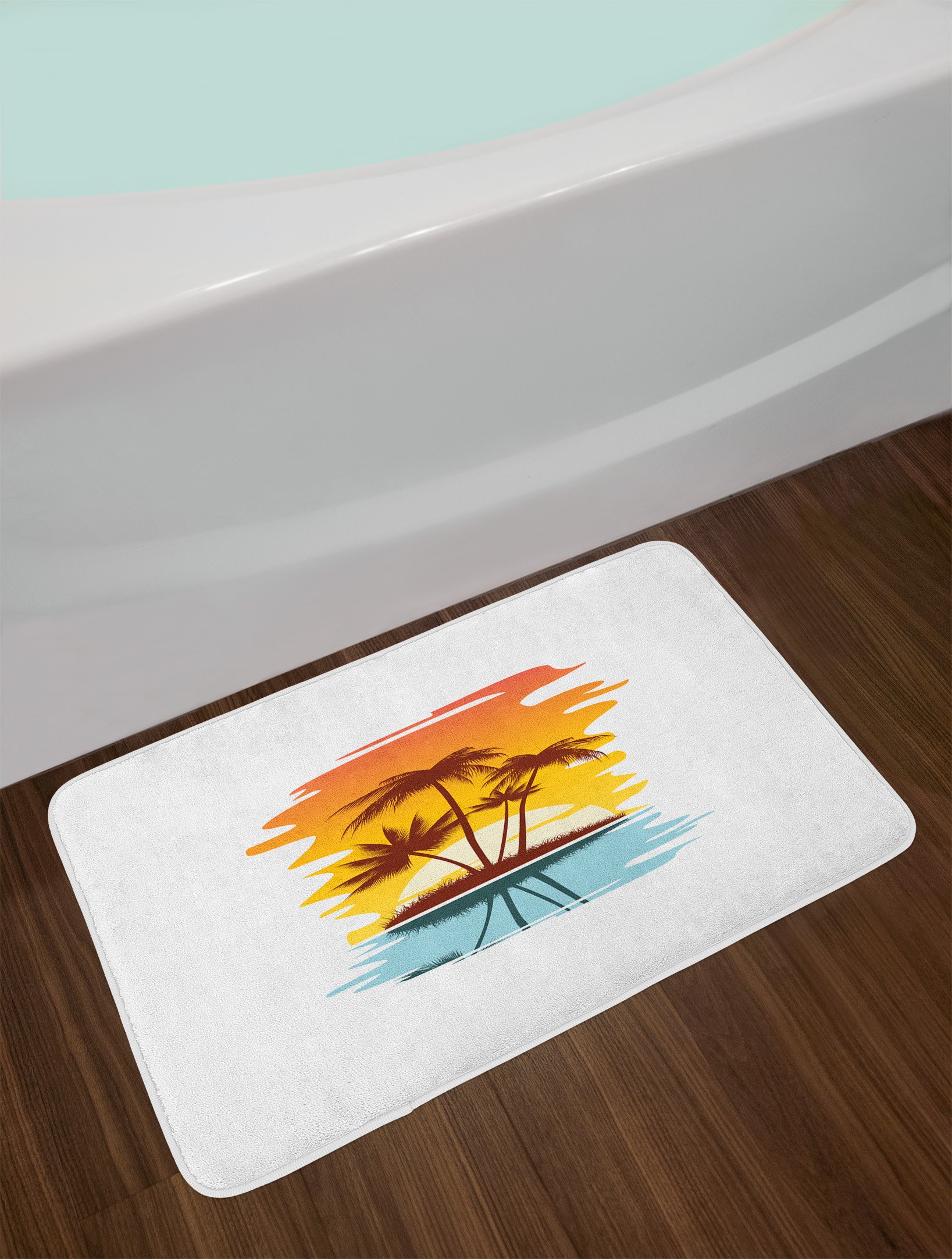 Ambesonne Non-Slip Beach Bath Mat - Tropical Palm Tree Sunset Ocean Design, Soft Plush Bathroom Rug, 30.2
