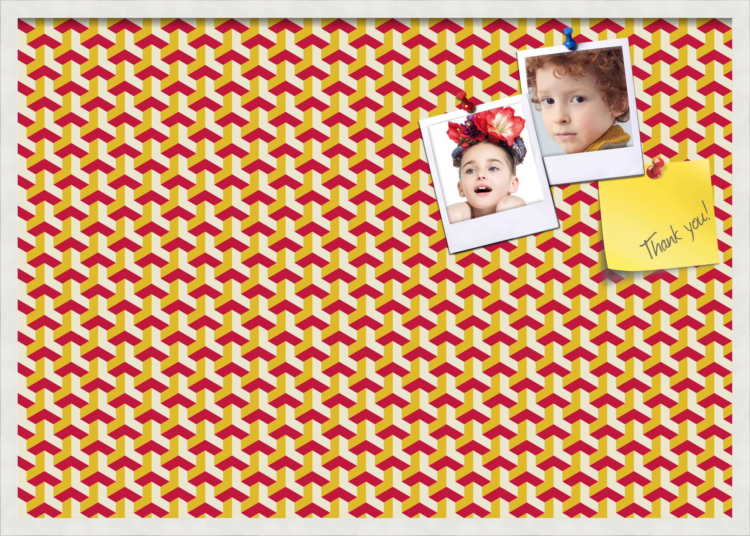 PinPix 40x28 Inch Cork Bulletin Board with Red Gold Design & Satin White Frame - Decorative Framed Pin Board for Home Office School Decor - Perfect for Wall Organization, Memo Display, and Creative Inspiration