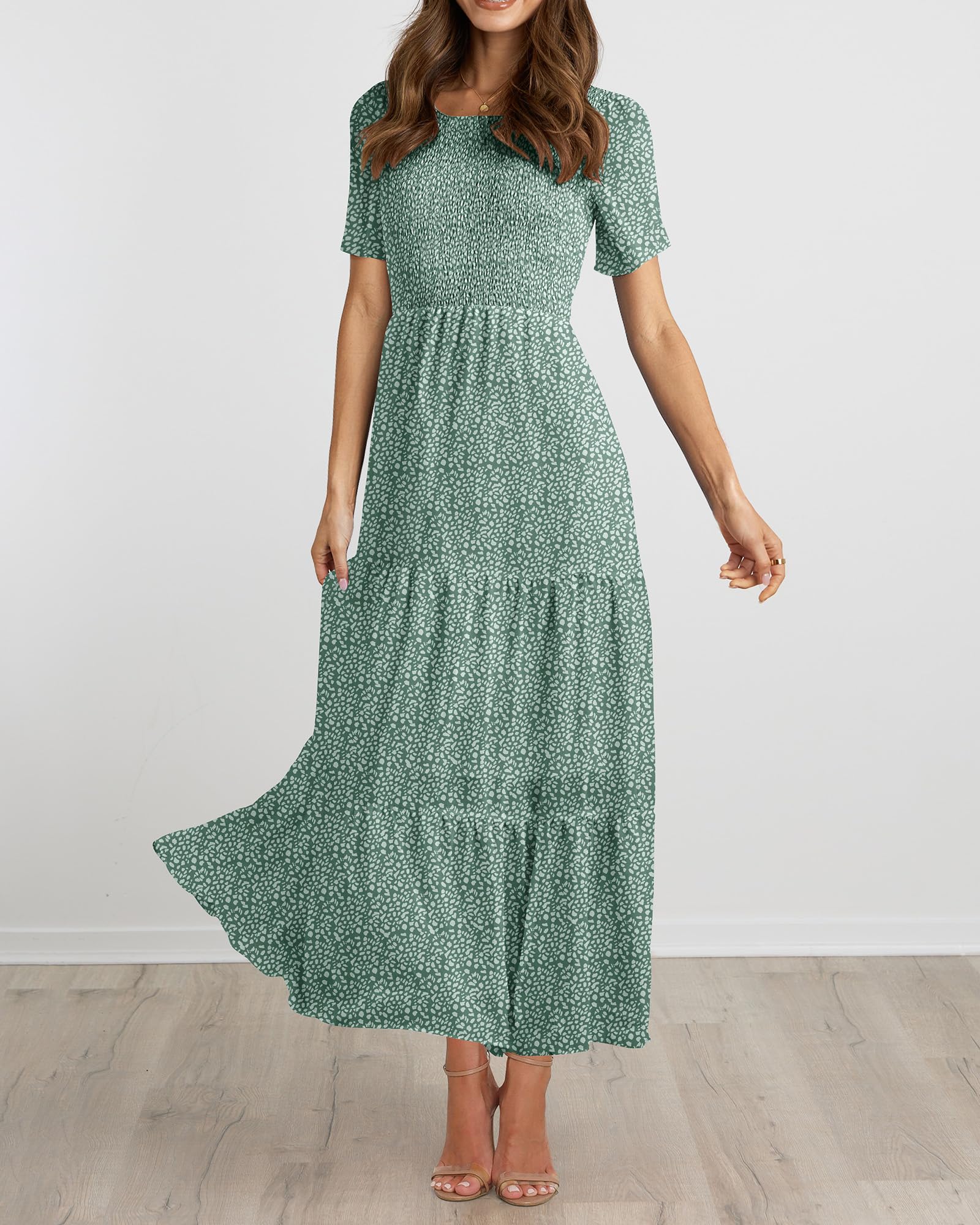BTFBM Women's Bohemian Floral Print Maxi Dress - Short Sleeve Crew Neck Summer Casual Tiered Flowy Dress for Beach, Vacation & Cocktail Parties