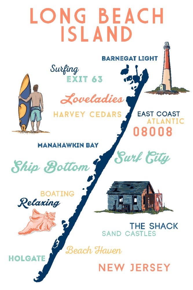 Lantern Press Long Beach Island New Jersey Typography & Icons Wall Art - 16x24 Wrapped Canvas Print for Coastal Home Decor, Beach House Living Room & Office Wall Decor