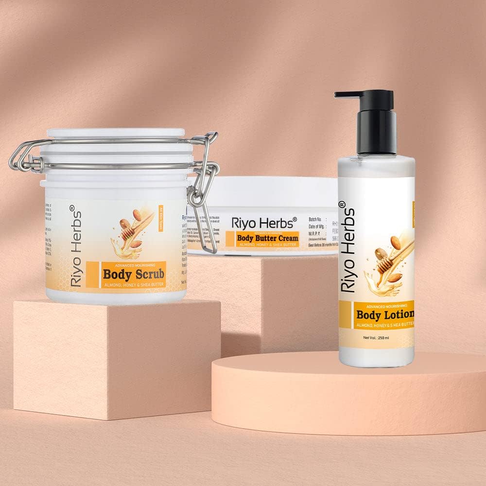 Riyo Herbs Body Care Combo Set - Moisturizing Body Lotion, Exfoliating Scrub & Nourishing Shea Butter Cream with Almond & Honey for Soft, Glowing Skin | Dry Skin Treatment | Skin Brightening & Lightening | Perfect for Daily Skincare Routine & Spa Day at Home