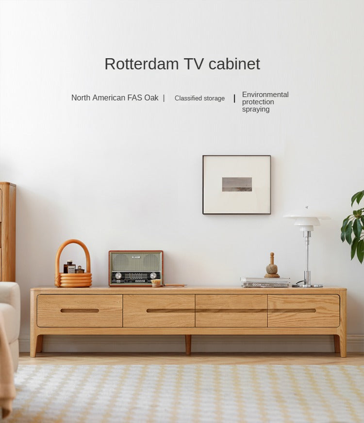 Solid Oak Wood TV Stand with 4 Drawers - Sturdy Media Console for Living Room, Bedroom & Home Theater Storage