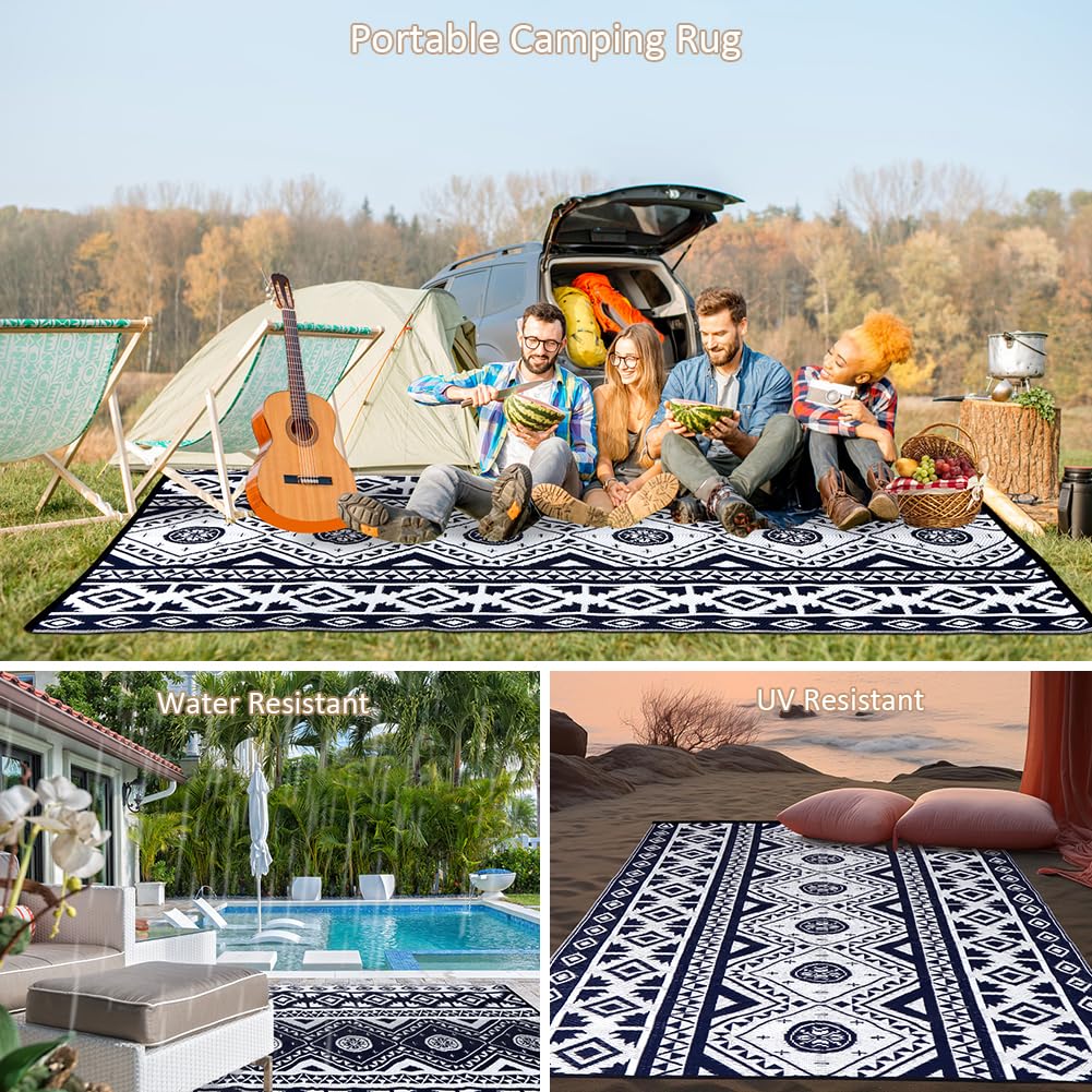 5'x8' Reversible Outdoor Rug - Waterproof Plastic Straw Mat for Patio, Deck, RV, Camping & Beach | Indoor/Outdoor Use | Blue & White Design | Perfect for Picnics, Trailers & Outdoor Gatherings