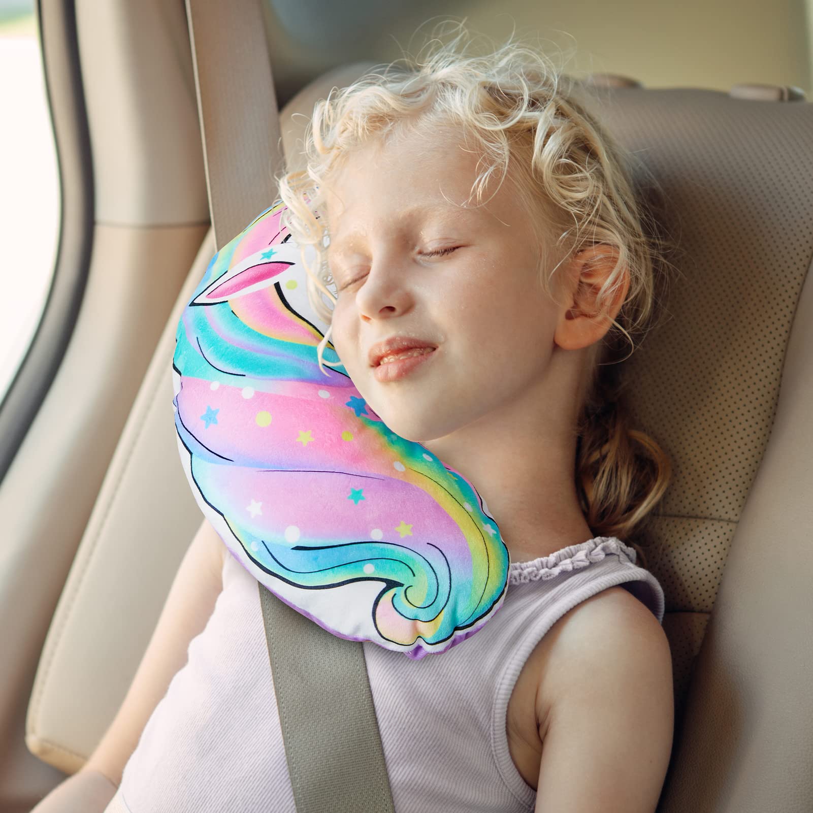 FIODAY Unicorn Seat Belt Cover Pad for Kids - Soft Car Seat Belt Pillow, Toddler Travel Strap Pad with Neck Support for Girls & Boys (Rainbow) - Perfect for Long Road Trips & Airplane Travel