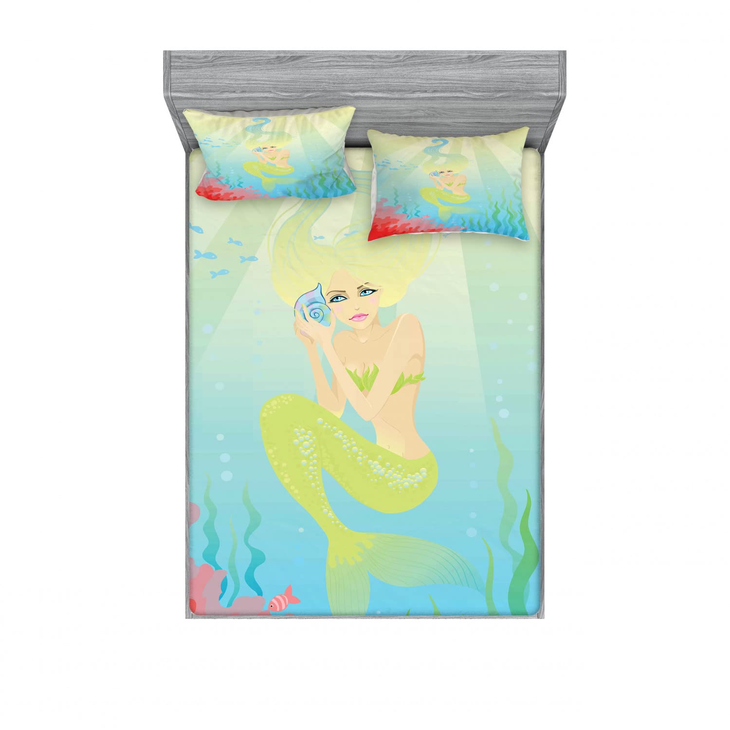 Ambesonne 2-Pack Fitted Sheet & Pillow Sham Set - Unique Mermaid Shell Design, 4-Piece Coral Blue Bedding Set (Includes 2 Twin XL Fitted Sheets & 4 Pillow Covers) for Coastal Themed Bedrooms, Guest Rooms & Beach House Decor