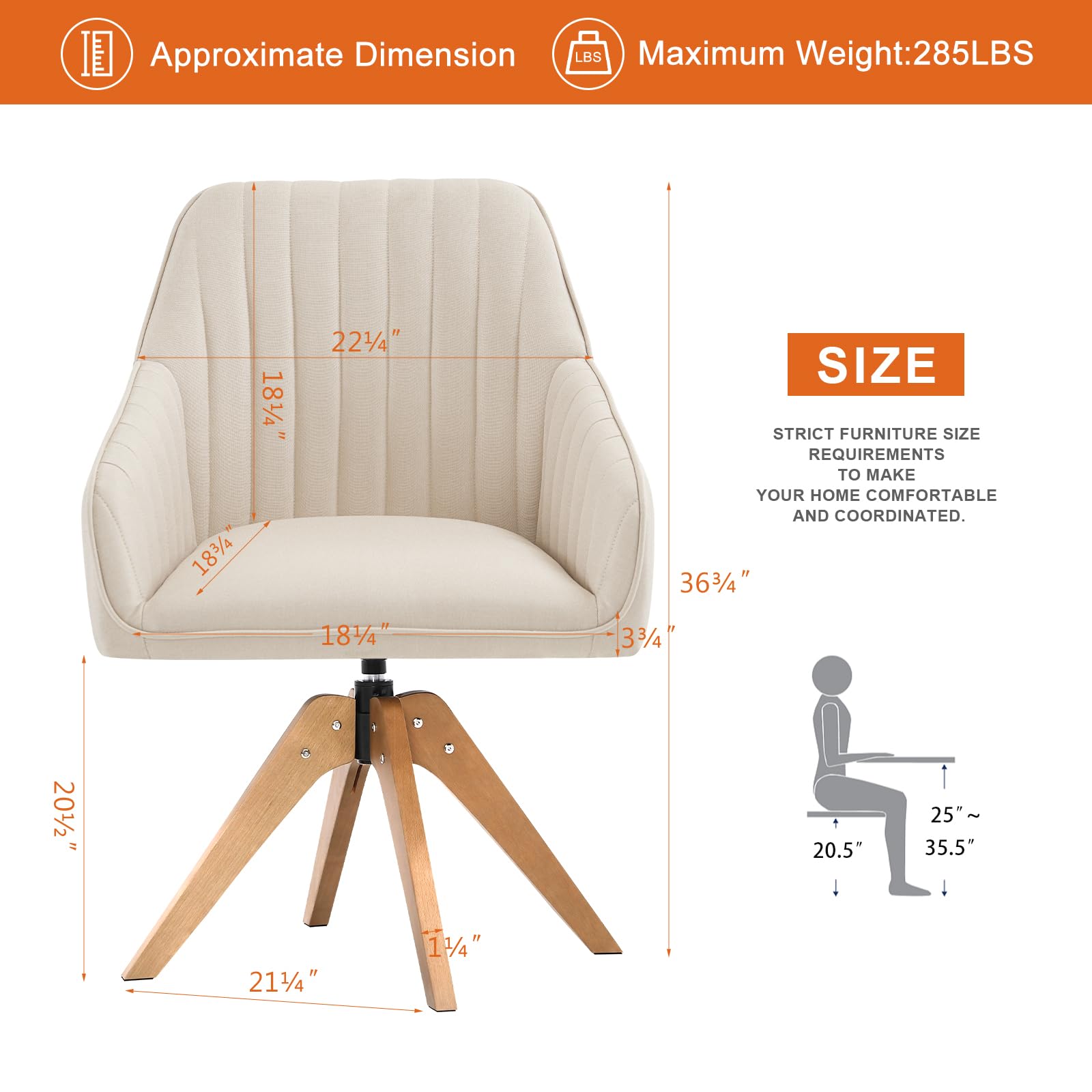 Mid Century Modern Swivel Accent Chair - Upholstered Wooden Armchair with Mid Back Support, Faux Linen Beige - Perfect for Living Room, Home Office, Bedroom & Vanity Desk - No Wheels Comfortable Seating for Relaxing & Working