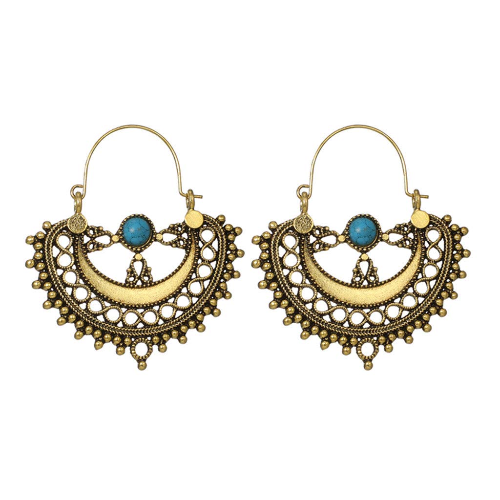 Bravetoshop Women's Fashion Hollow Semi-Circular Turquoise Flower Round Earrings - Gold Jewelry (4.9X4.5cm) - Perfect for Boho Chic Outfits, Parties & Casual Wear