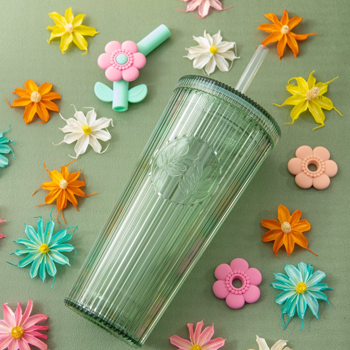 26oz Insulated Tumbler with Straw & Leak-Proof Lid - Cute Floral Silicone Straw Tips in Botanica Green - Perfect for Iced Coffee, Smoothies & Outdoor Activities