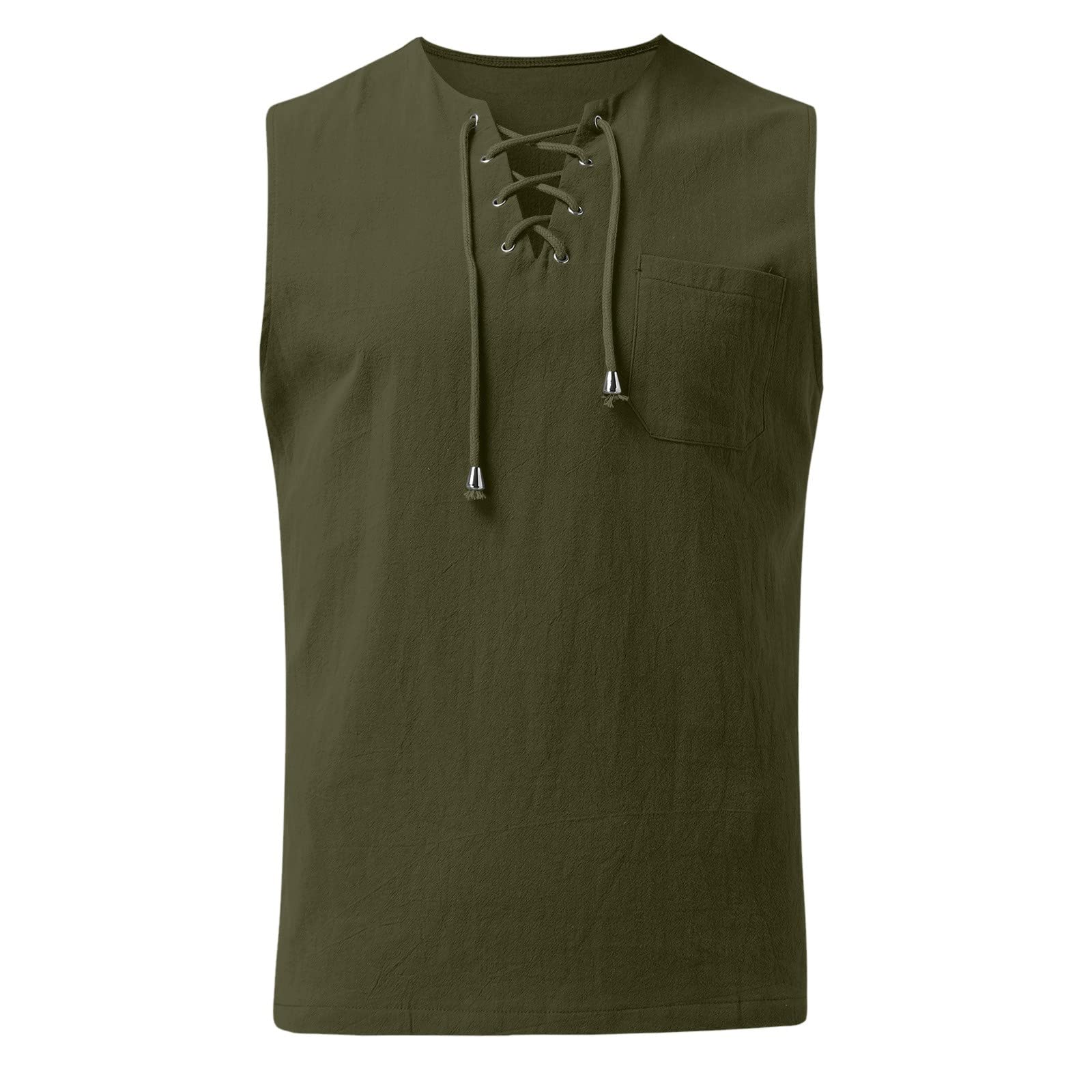 Men's Linen Cotton Sleeveless V-Neck Tank Top - Breathable Summer Casual Tee with Pockets for Beach, Gym & Outdoor Activities | Hippie Style Lace-Up Muscle Shirt