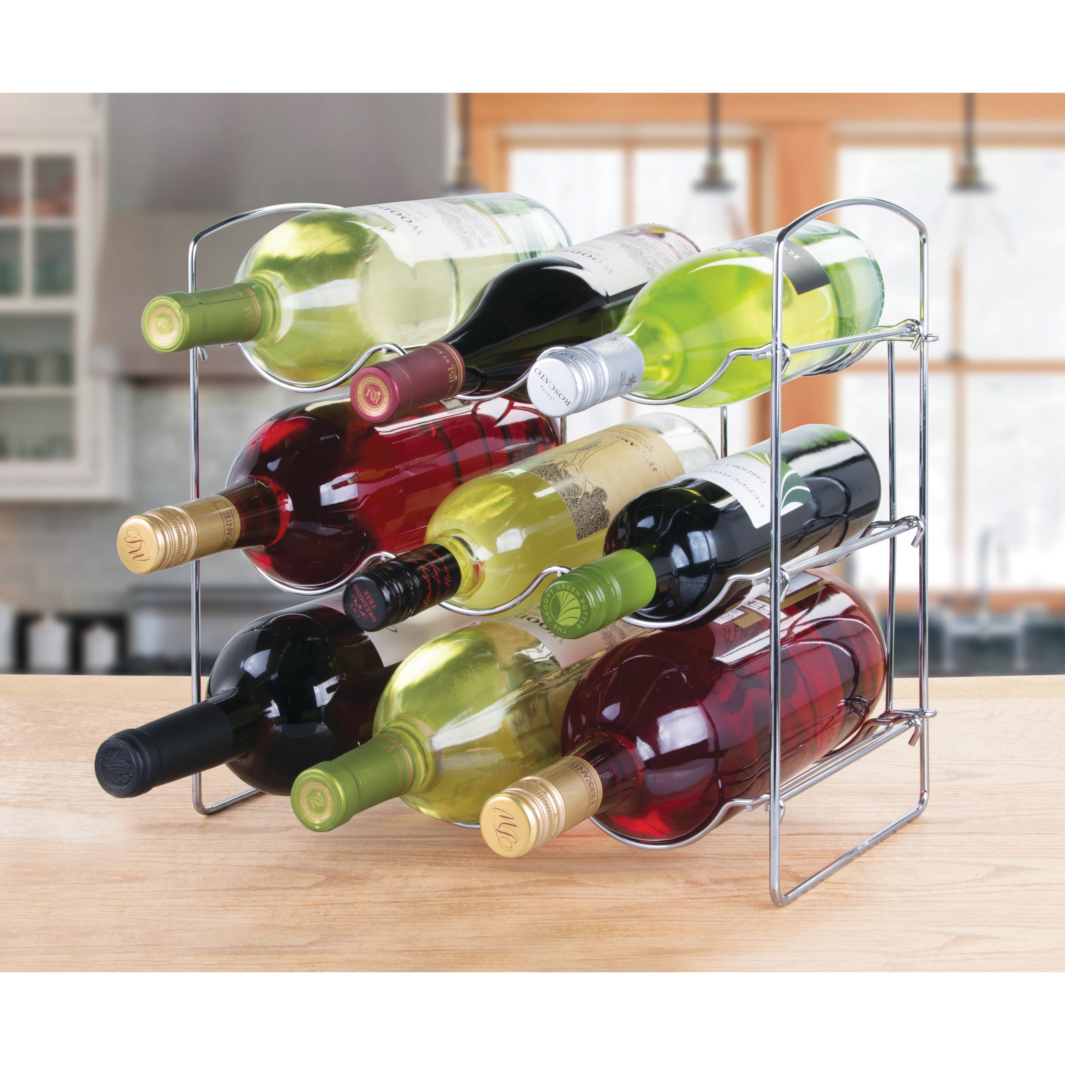 9 Bottle Chrome Wine Rack - Space Saving Countertop or Wall Mount Wine Storage Organizer for Kitchen, Dining Room, Bar or Cellar