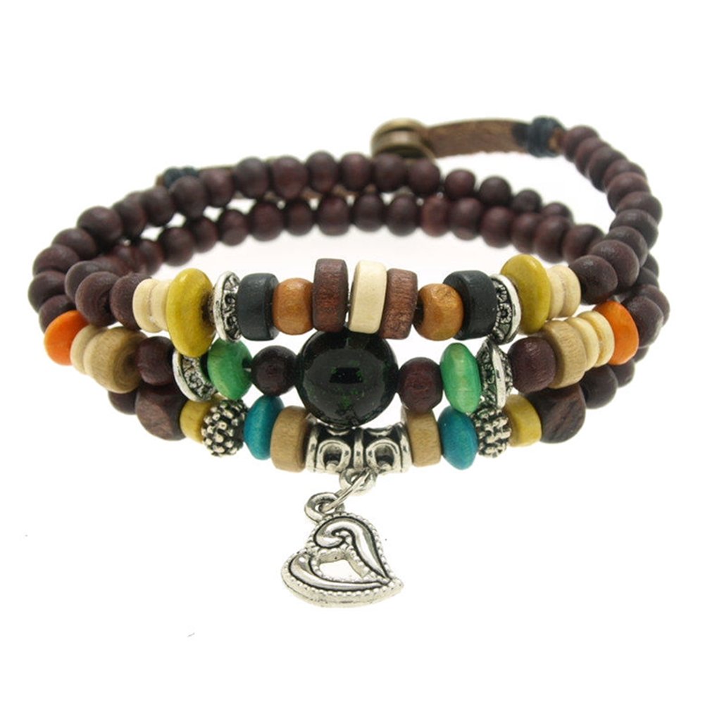 Women's Adjustable Wood Bead Bracelet with Hollow Heart Pendant - 7.5 to 8 Inches - Boho Chic Jewelry for Casual Wear & Gift Giving