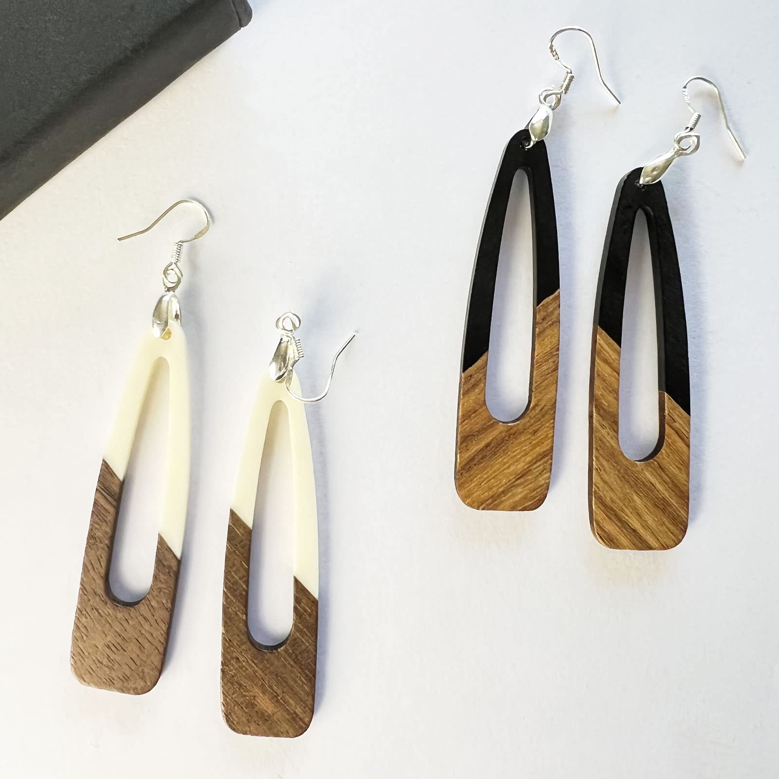 Handmade Wooden Dangle Earrings for Women - Lightweight Brown & Black Geometric Drop Earrings with Resin Accents | Boho Chic Statement Jewelry for Casual Wear, Office & Special Occasions